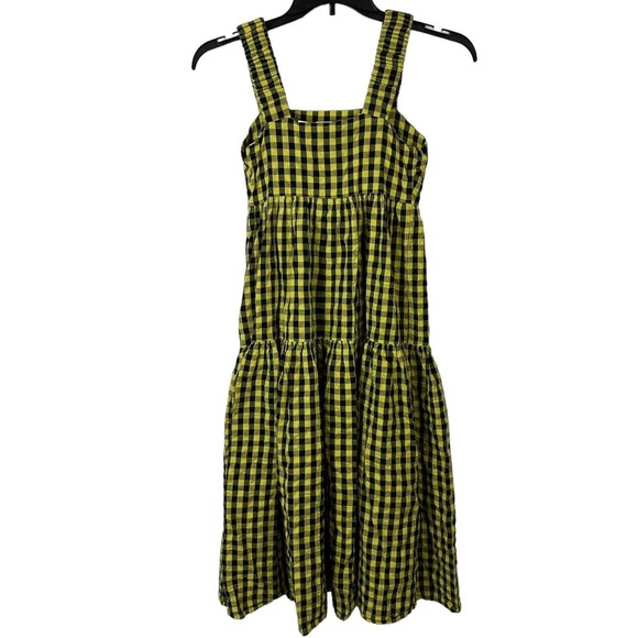 Asos Collusion Dress Size 0 Yellow Black Gingham Tiered Sleeveless Midi - Picture 2 of 14